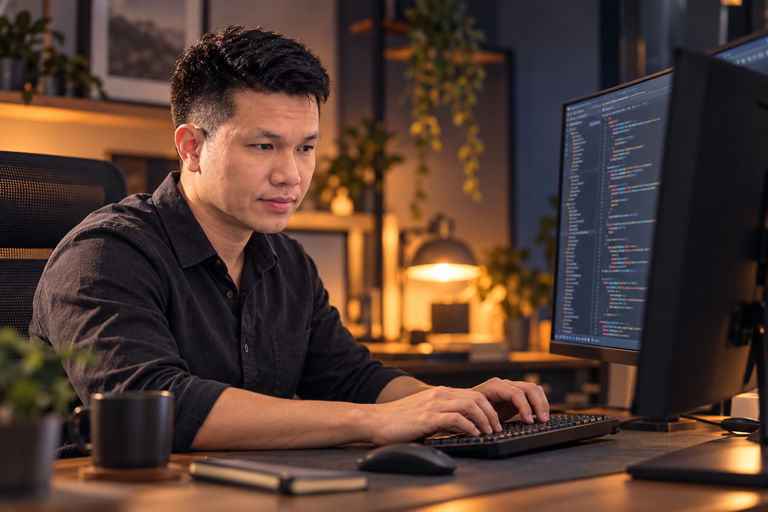 Duy Tú đang ngồi lập trình tại bàn làm việc, nhìn từ phía bên trái.